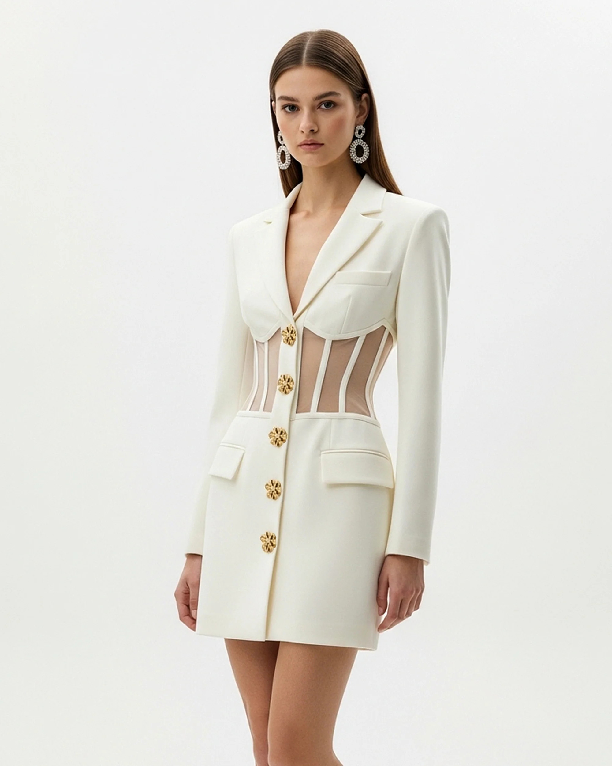 Sheer Panel Blazer Dress – White | JW PEI US