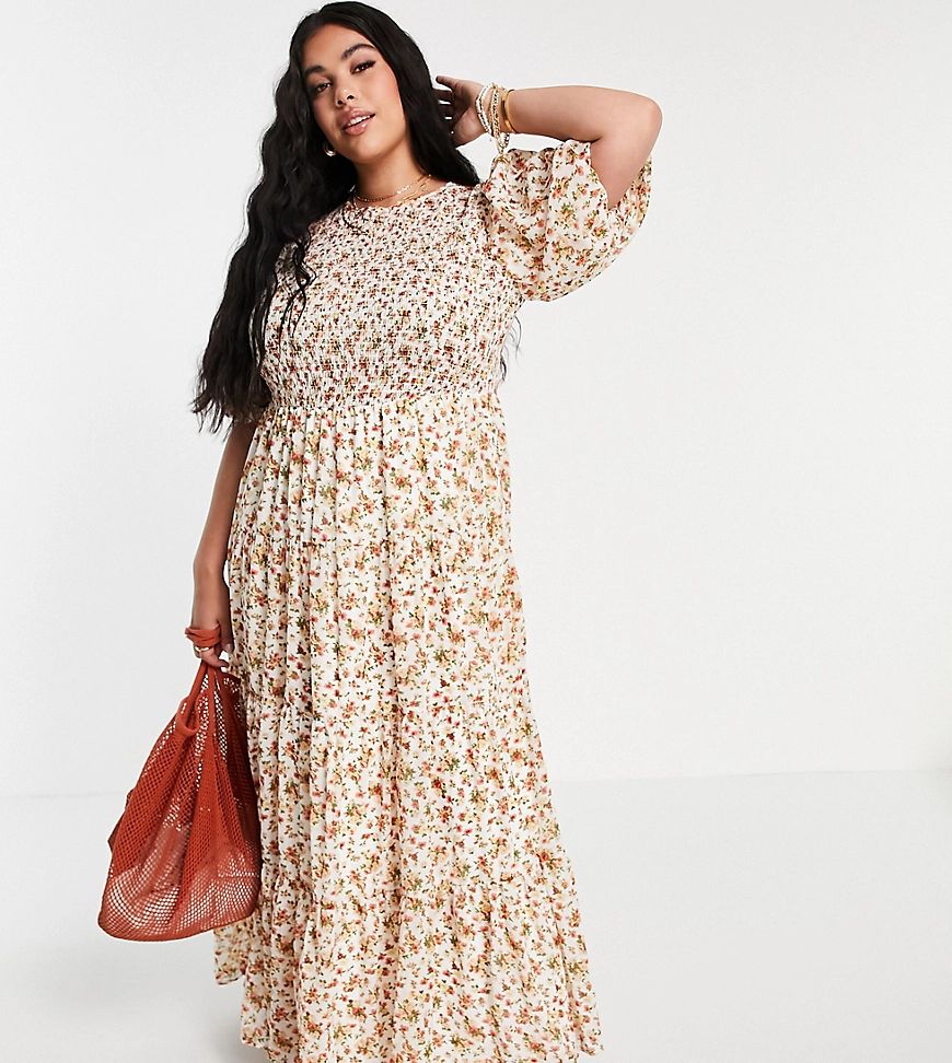 ASOS DESIGN Curve shirred tiered maxi dress in cream floral print-Multi | ASOS (Global)