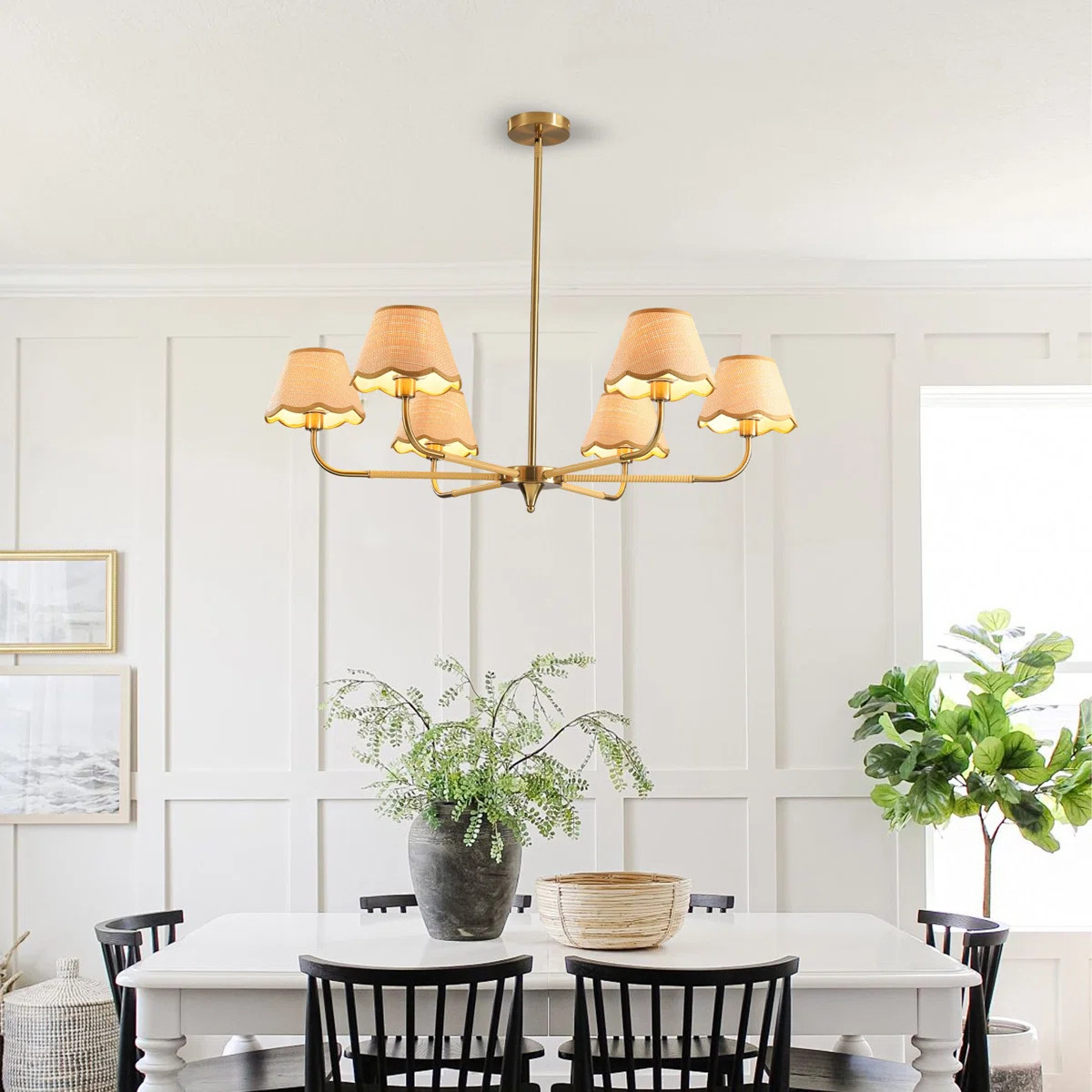 George Oliver Adjustable Gold Metal Chandelier With Rattan Lampshades, Mid-century Modern Lightin... | Wayfair North America