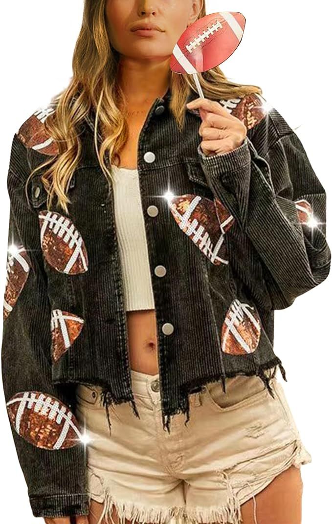 Omoone Women's Distressed Cropped Corduroy Jacket Button Down Vintage Football Sequin Short Shack... | Amazon (US)