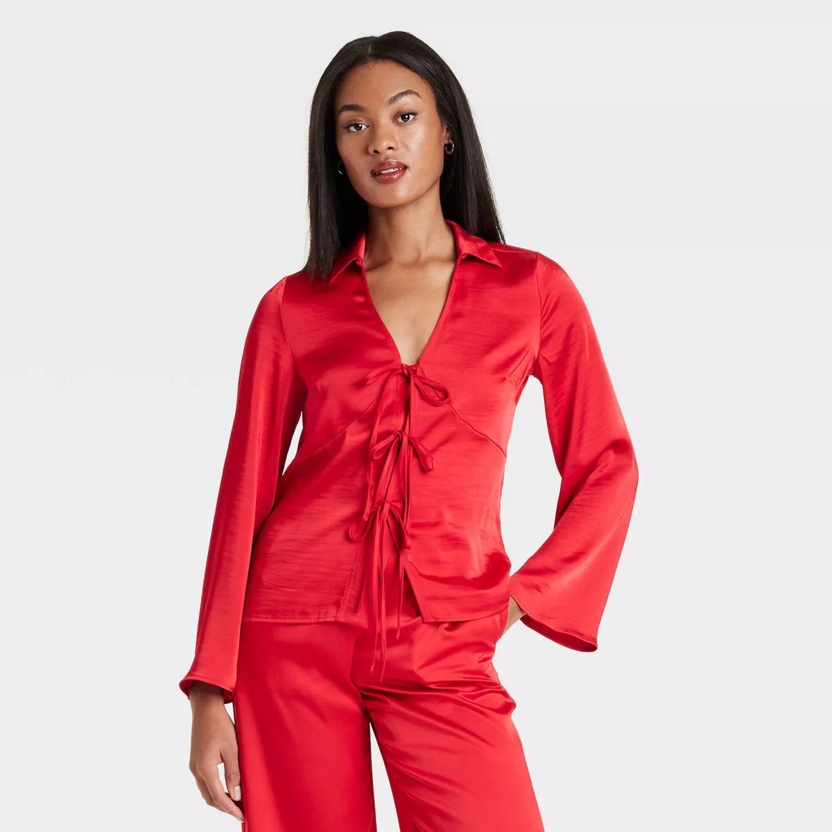 Women's Long Sleeve Satin Tie Blouse - A New Day™ | Target