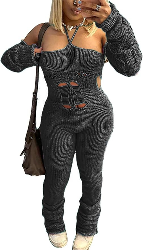 Womens Sexy Halter Long Sleeve Solid Color Knitted Crochet Hollow Casual Jumpsuit Rompers | Amazon (US)