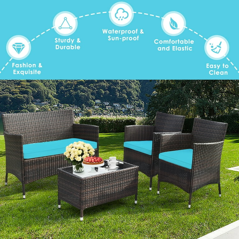 Gymax 4PCS Patio Rattan Conversation Furniture Set Outdoor Turquoise Cushioned | Walmart (US)