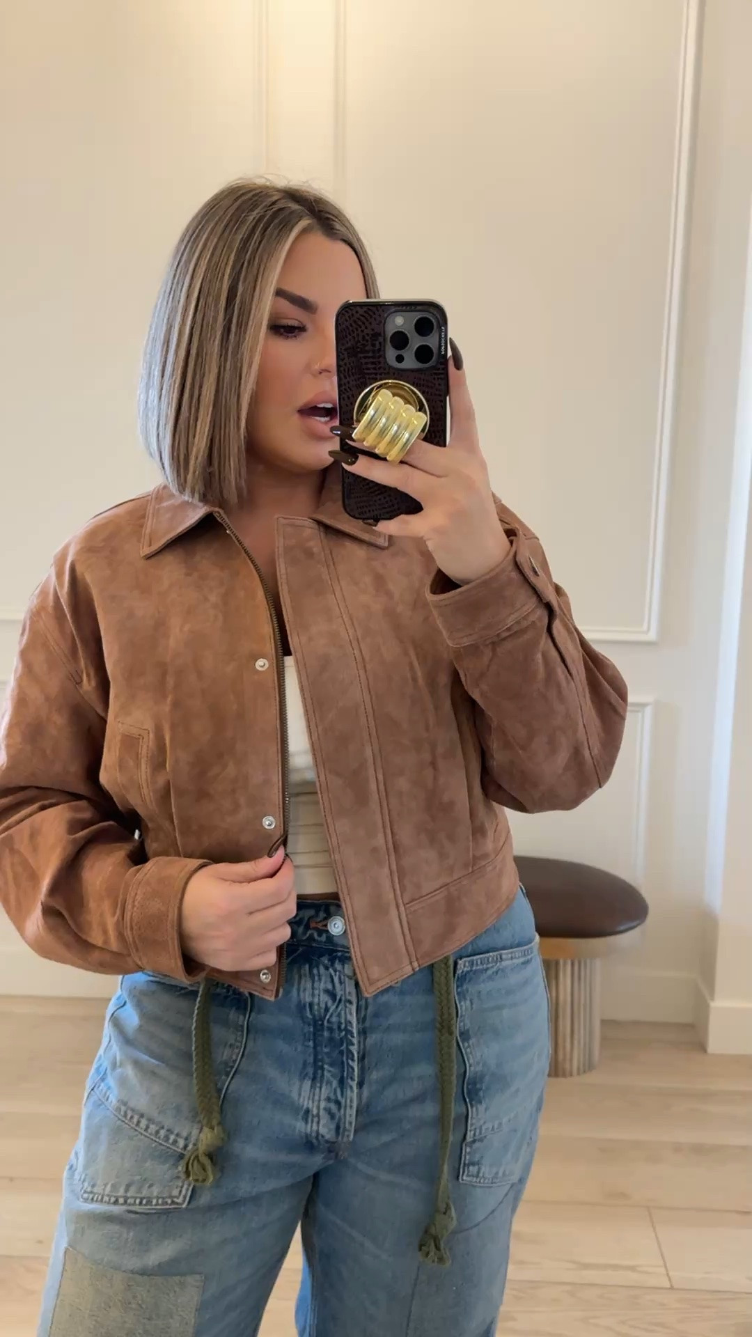 Jacket size L insane quality !!! 
Jeans size up - I’m wearing 32
Tank L 

Would not wear this together just showing the jacket. 

#walmart #freepeople