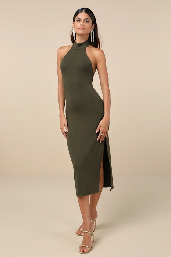 Olive Green Halter Midi Dress | Olive Green Dress | Party Dress Outfits | Lulus