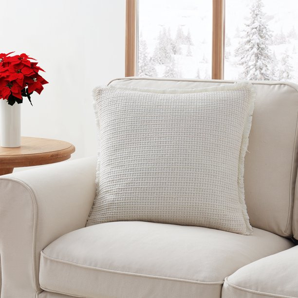 My Texas House Sabine 20" x 20" Farmhouse Ivory Solid Woven Boucle Square Decorative Pillow Cover... | Walmart (US)