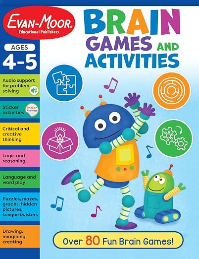 Evan-Moor Brain Games and Activities for Kids, Ages 4-5, Workbook, Hidden Pictures, Mazes, Sticke... | Amazon (US)