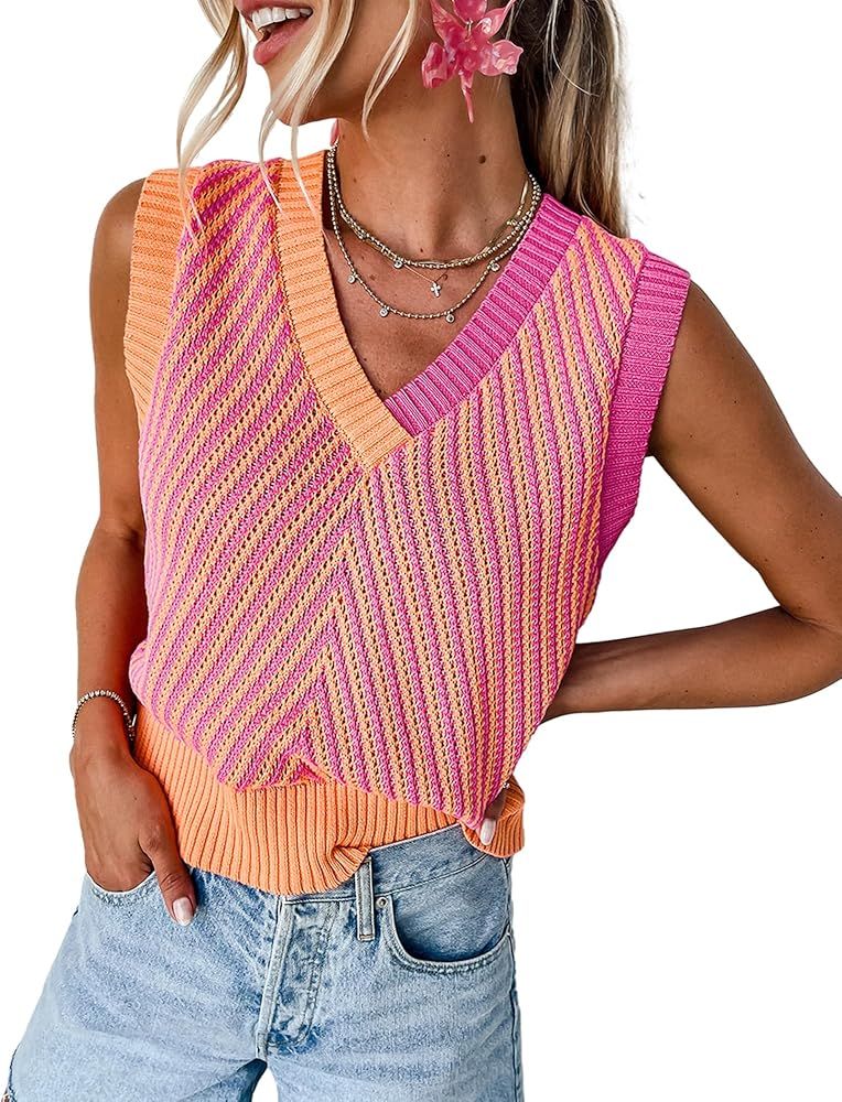 MARZXIN Womens Sleeveless Sweater V Neck Casual Strawberry Pink Contrast Chevron Knit V Neck Swea... | Amazon (US)