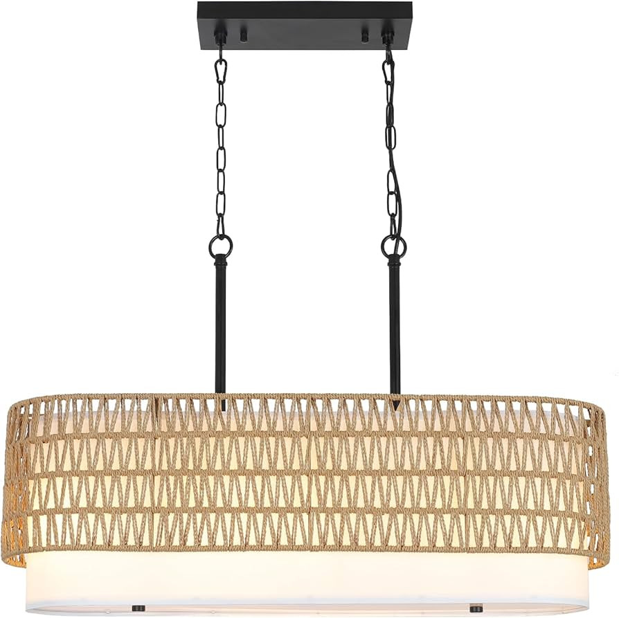 HMVPL Rattan Chandeliers for Dining Room, Boho Dining Room Light Fixture, 5-Lights Linear Kitchen... | Amazon (US)