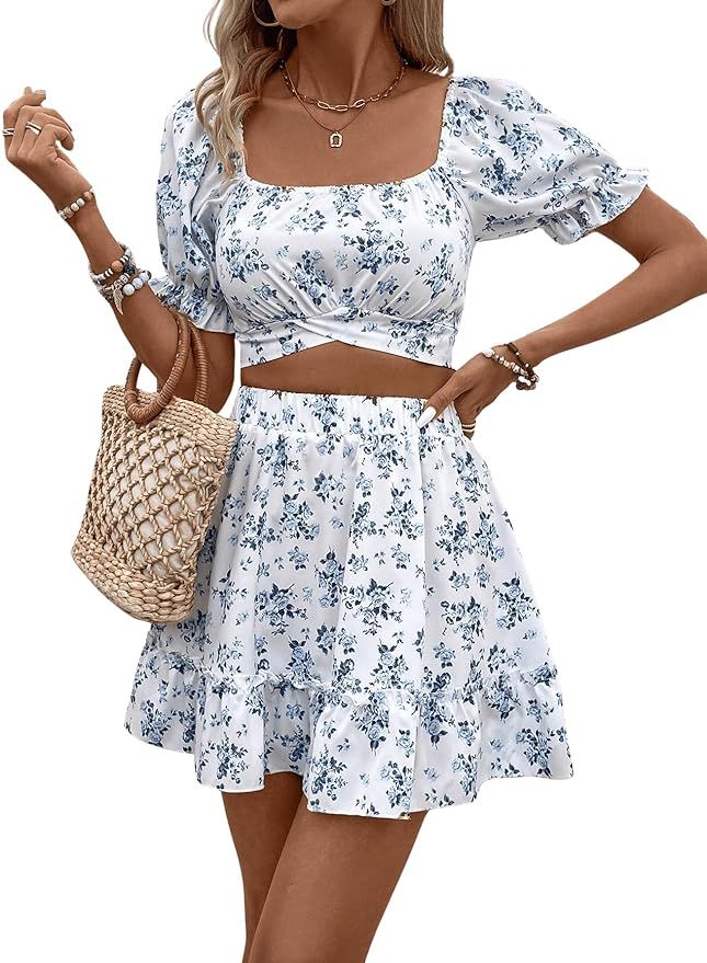 Women's 2 Piece Floral Print Square Neck Tie Back Crop Blouse Top and Ruffle Hem Skirt Sets | Amazon (US)