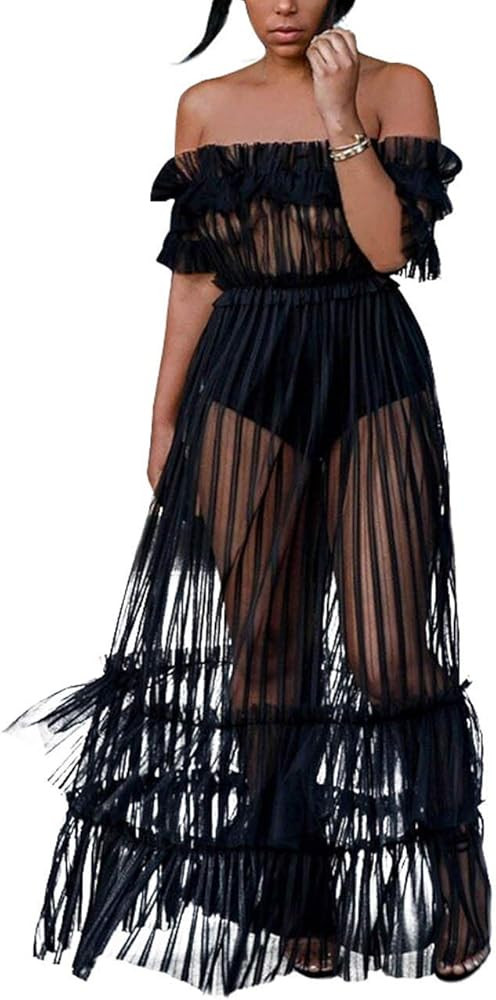 xxxiticat Women's Sexy Mesh Sheer Maxi Dress Off Shoulder Swimsuit Coverup | Amazon (US)