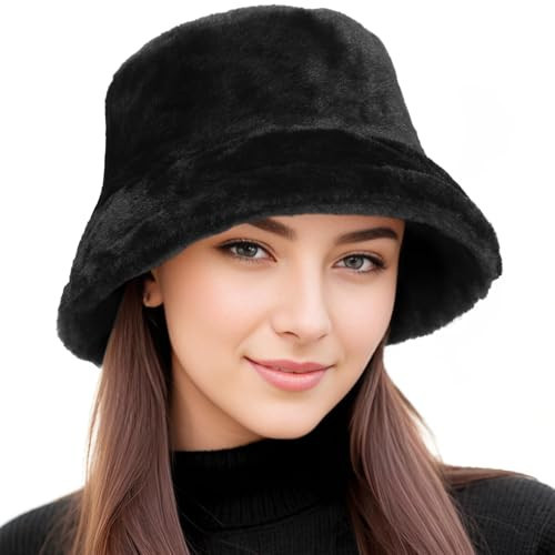 BFONS Faux Fur Winter Bucket Hat for Women Men Fuzzy Warm Hat Women's Furry Fisherman Cap for Casual, Trips, Sports, Skiing Black | Amazon (US)