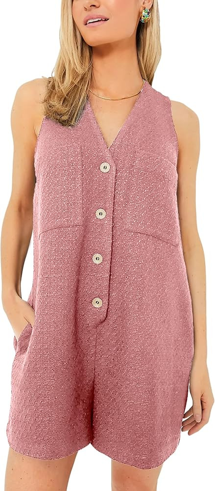 OPCAKM Womens Tweed Rompers V Neck Button Down Short Jumpsuits Summer Loose Sleeveless Overalls w... | Amazon (US)