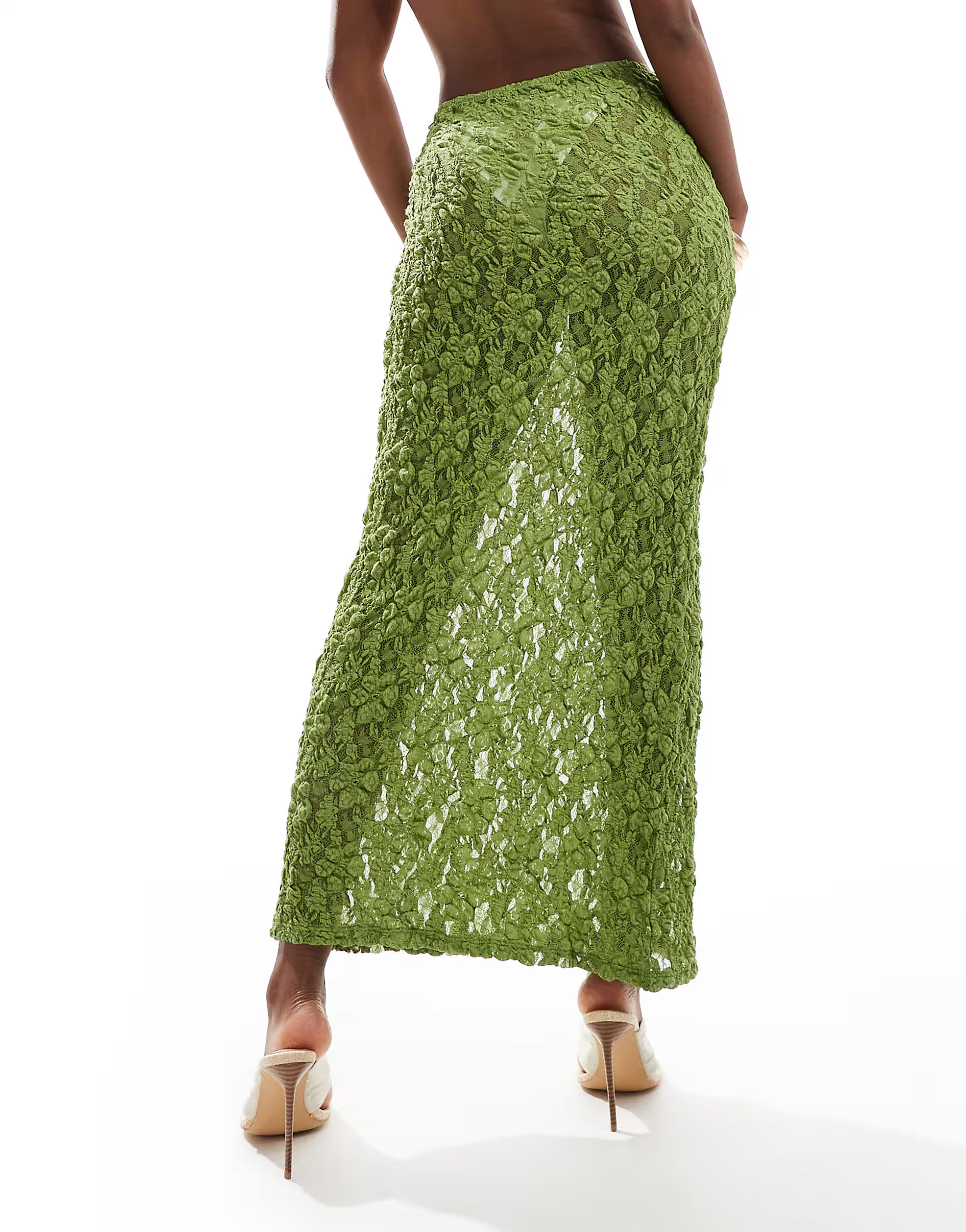 ASOS DESIGN sheer full lace maxi skirt with seam detail in khaki | ASOS (Global)