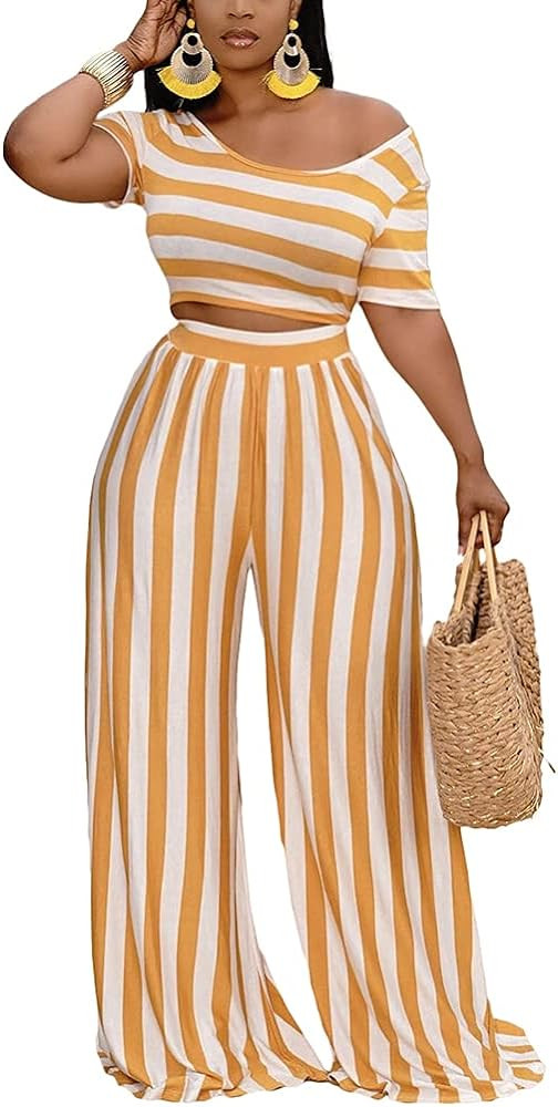 2 Piece Outfits for Women Sexy Backless Short Sleeve Crop Top High Waist Wide Leg Long Pant Sets ... | Amazon (US)