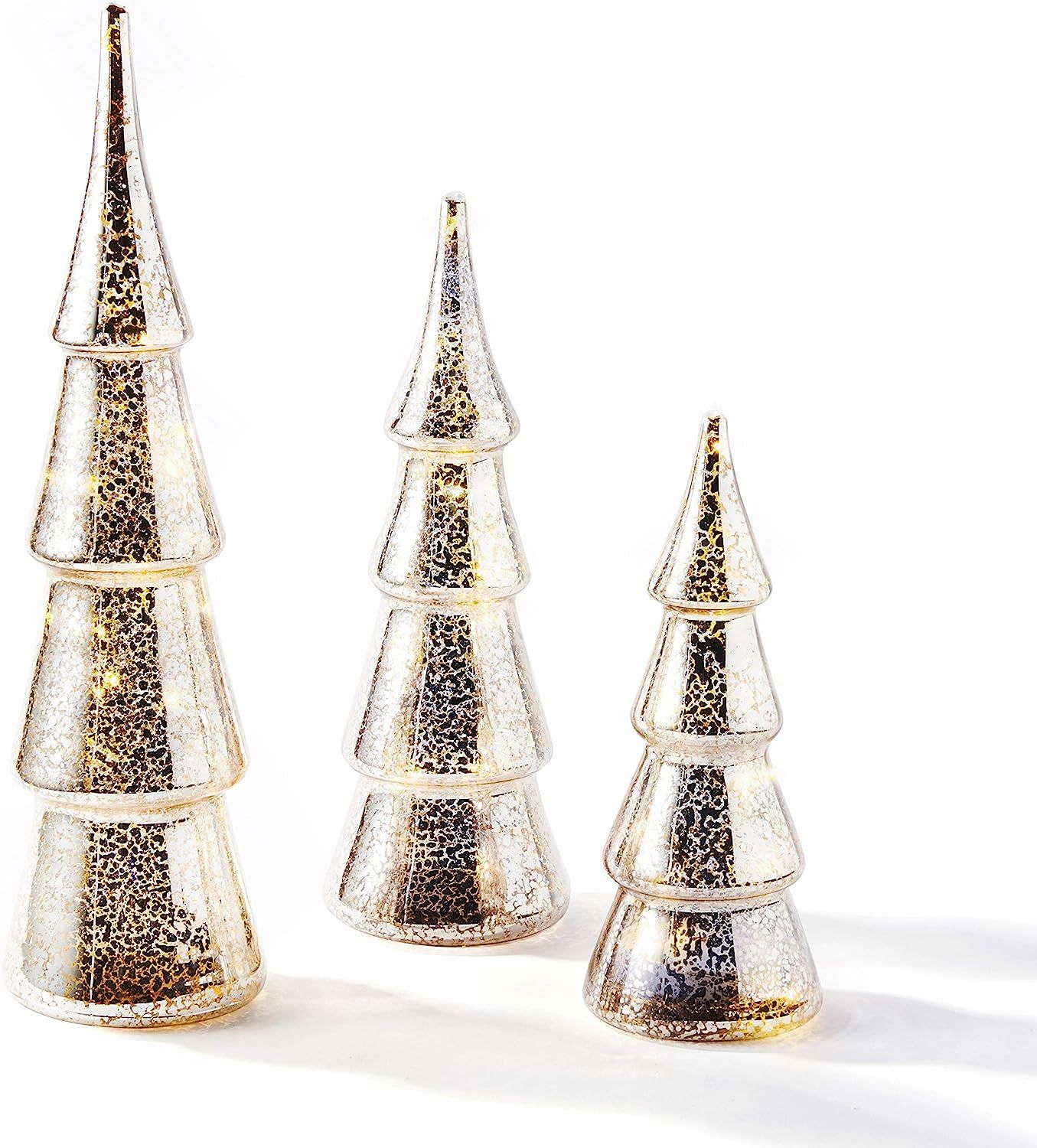 Mercury Glass Christmas Tree Decoration - Set of 3 Assorted Trees with Fairy Lights, 10 Inch Tall... | Amazon (US)