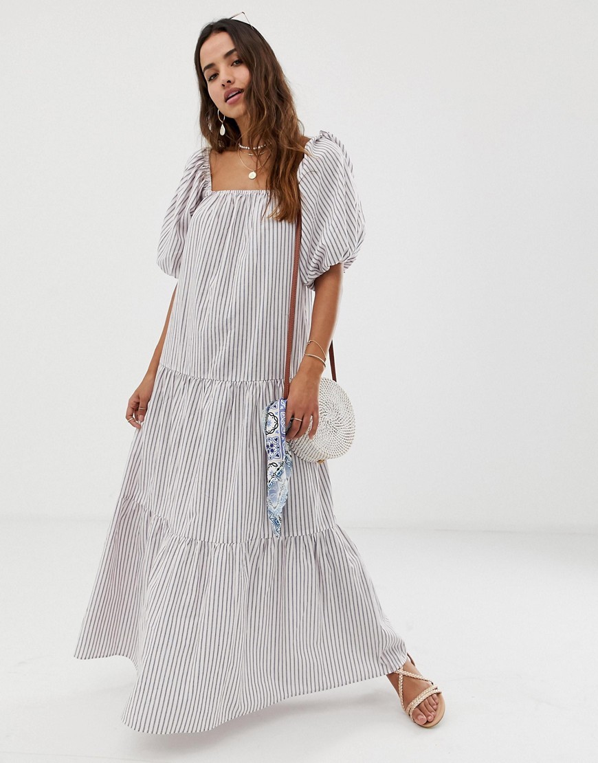 ASOS DESIGN tiered maxi dress in stripe with puff sleeve - Multi | ASOS US
