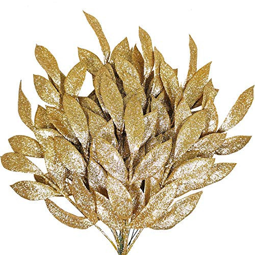 20 Pieces Gold Glittered Artificial Leaf Spray Picks 12" Tall for Christmas Winter Wedding Wreath Tree Swag Floral Arrangment Vase Bouquets Table Centerpieces Decoration | Amazon (US)