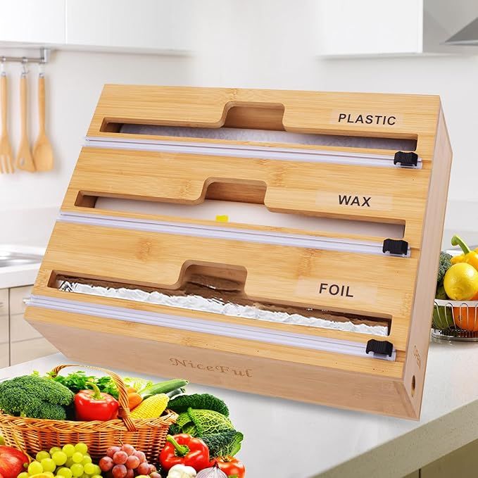 Foil and Plastic Wrap Organizer with Cutter and Labels，Bamboo Wrap Dispenser 3 in 1，Aluminum ... | Amazon (US)