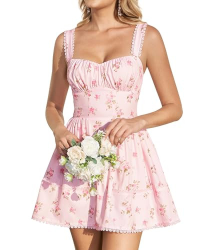 KUTUMAI Lace Corset Mini Dress Floral Flowy A Line Smocked Short Graduation Dresses for Women 2026 Summer PinkFloral XL | Amazon (US)