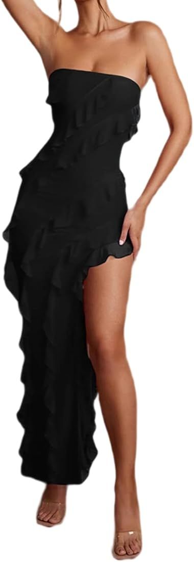 Women Sexy Off Shoulder Strapless Mesh Tassel Ruffle Hem Split Maxi Party Dress | Amazon (US)