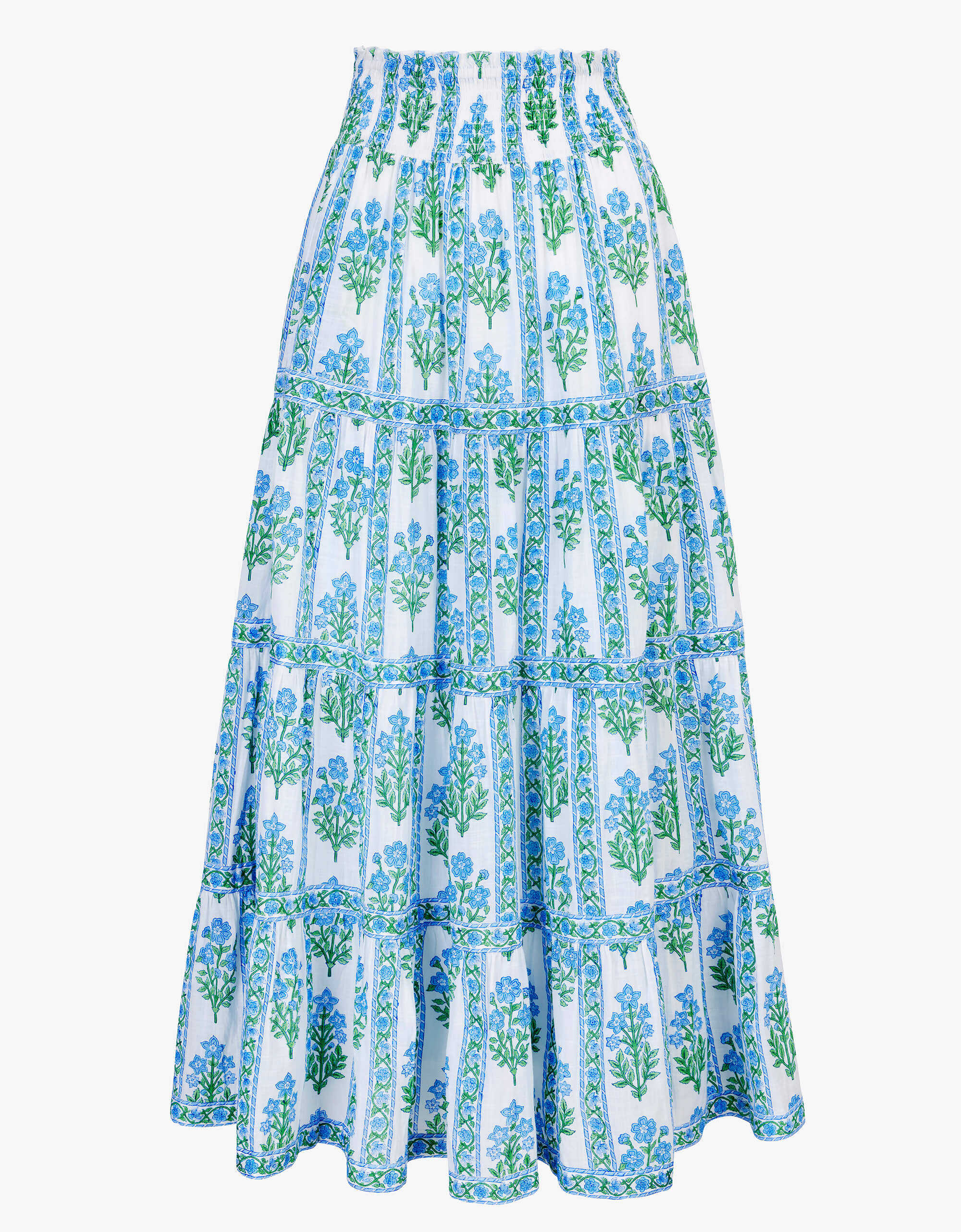 Arles Skirt | Blue, White & Green Floral Maxi | Block Print Cotton | Pink City Prints UK