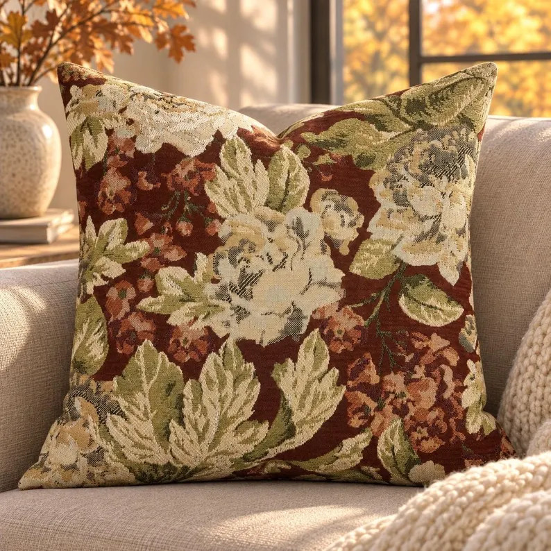 Rust Brown Floral Tapestry Pillow Cover, Woven Jacquard Cushion, Cottagecore Home Decor | Etsy (Global)