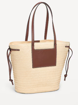 Faux-Leather Drawstring Straw Tote | Old Navy (US)
