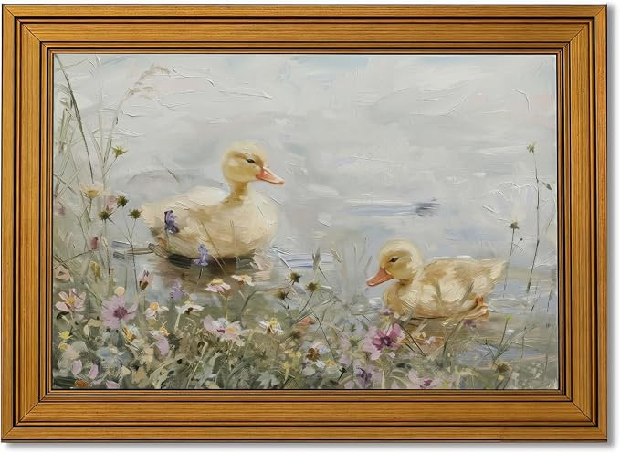 Gold Framed Ducklings Canvas Wall Art, Yellow Ducks in Wildflower Pond Painting Picture, Rustic A... | Amazon (US)