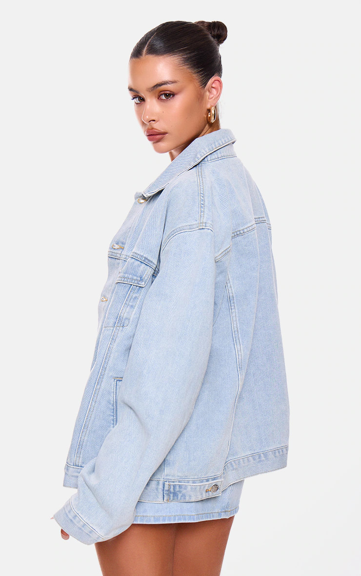 PRETTYLITTLETHING Light Blue Wash Oversized Boyfriend Denim Jacket | PrettyLittleThing US
