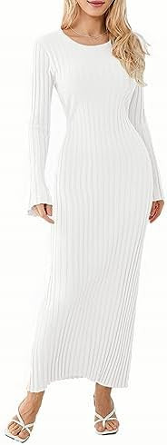 Women Sweater Dress Ribbed Long Sleeve Crewneck Knit Slim Fit Bodycon Dress Fall Maxi Long Dress | Amazon (US)
