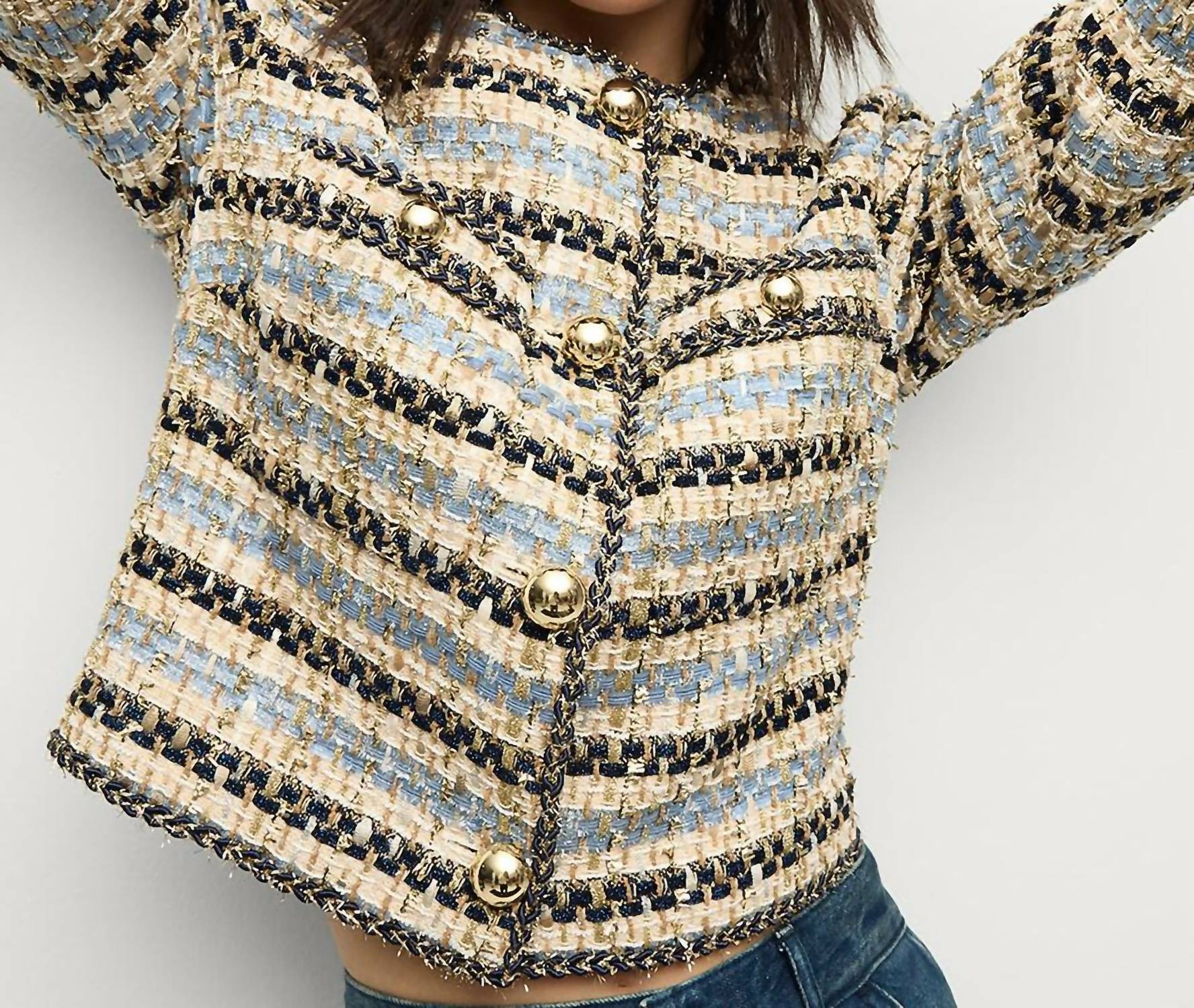 Sumira Metallic Tweed Jacket In Blue / Ivory | Shop Simon