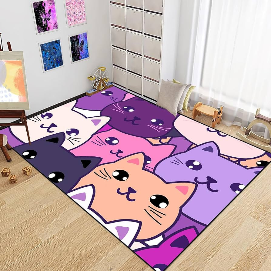 Cat Rugs for Girls Bedroom - Cat Carpet Cartoon Cat Purple Rug Cat Rug for Kids Room Cute Cat Are... | Amazon (US)