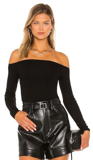 Enza Costa Silk Rib Off the Shoulder Long Sleeve Top in Black. - size M | Revolve Clothing (Global)