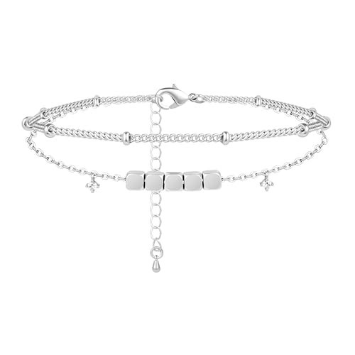 Poxtex Silver Beaded Ankle Bracelets for Women, 925 Sliver Plated Zircon Gemstone Dangle Layered Anklets for Women Waterproof, Jewelry Gifts for Beach Essetial | Amazon (US)
