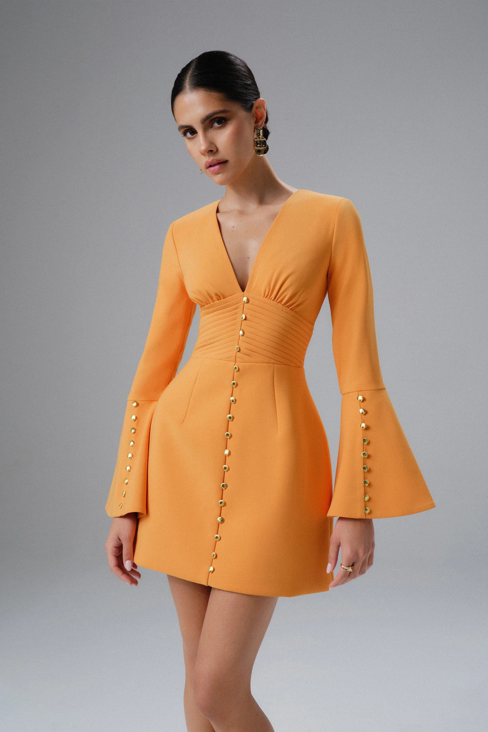 LARA Fluted Sleeve Micro Button Mini Dress in Orange | Lavish Alice Retail Ltd
