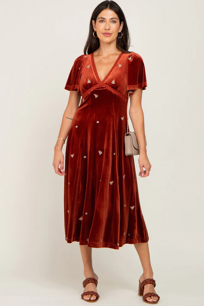 Rust Velvet Embroidered Midi Dress | PinkBlush Maternity