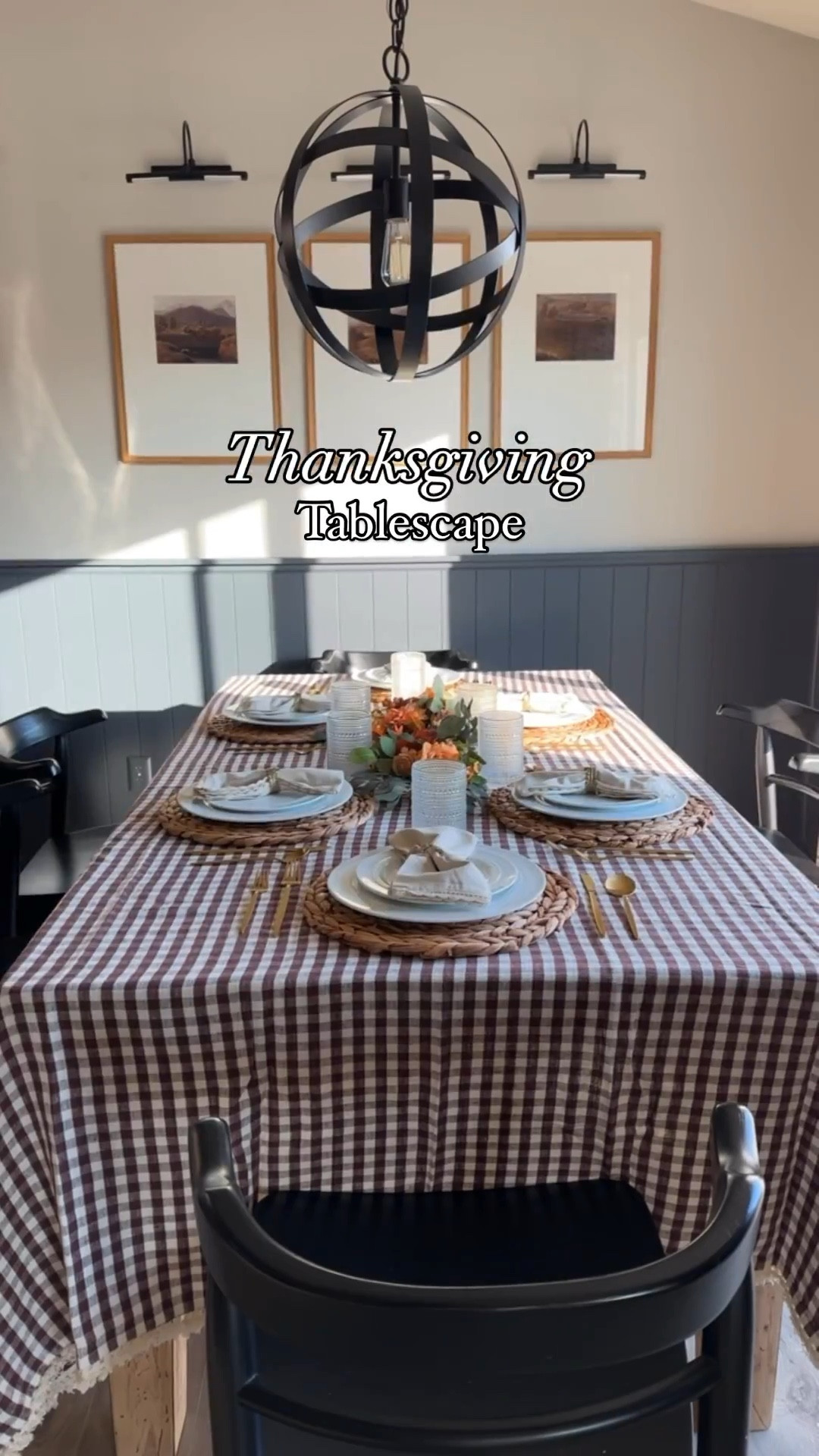 My thanksgiving tablescape! 

McGee and co gingham tablecloth, fall table centerpiece, jute charger, hobnail glasses, colored wine glasses, target white plates, gold silverware, linen napkins, brass botanical napkins holder, simple table set up 

#LTKHoliday #LTKStyleTip #LTKHome
