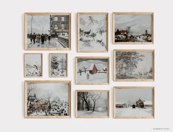 Vintage Winter Set of 10 Prints | Moody Winter Wall Art | Vintage Winter Holiday Art | Country Ho... | Etsy (US)