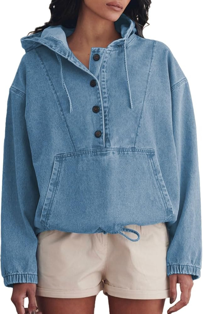 Women's Denim Hoodie Button Down Pullover Jacket Jean Sweatshirt Tops | Amazon (US)