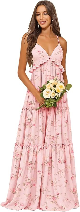 Amazon.com: Qbnme Floral Pink Bridesmaid Dress V Neck Long Chiffon Ruffle A Line Wedding Guest Dr... | Amazon (US)