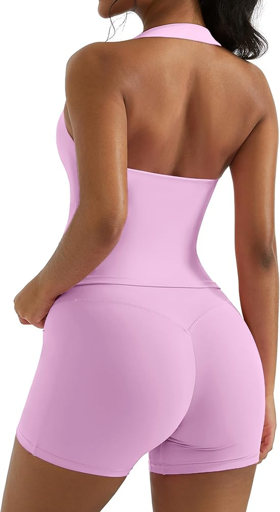 OMKAGI 2 Piece Workout Sets for Women Halter Sports Bra Tank Gym Biker Shorts Outfits | Amazon (US)