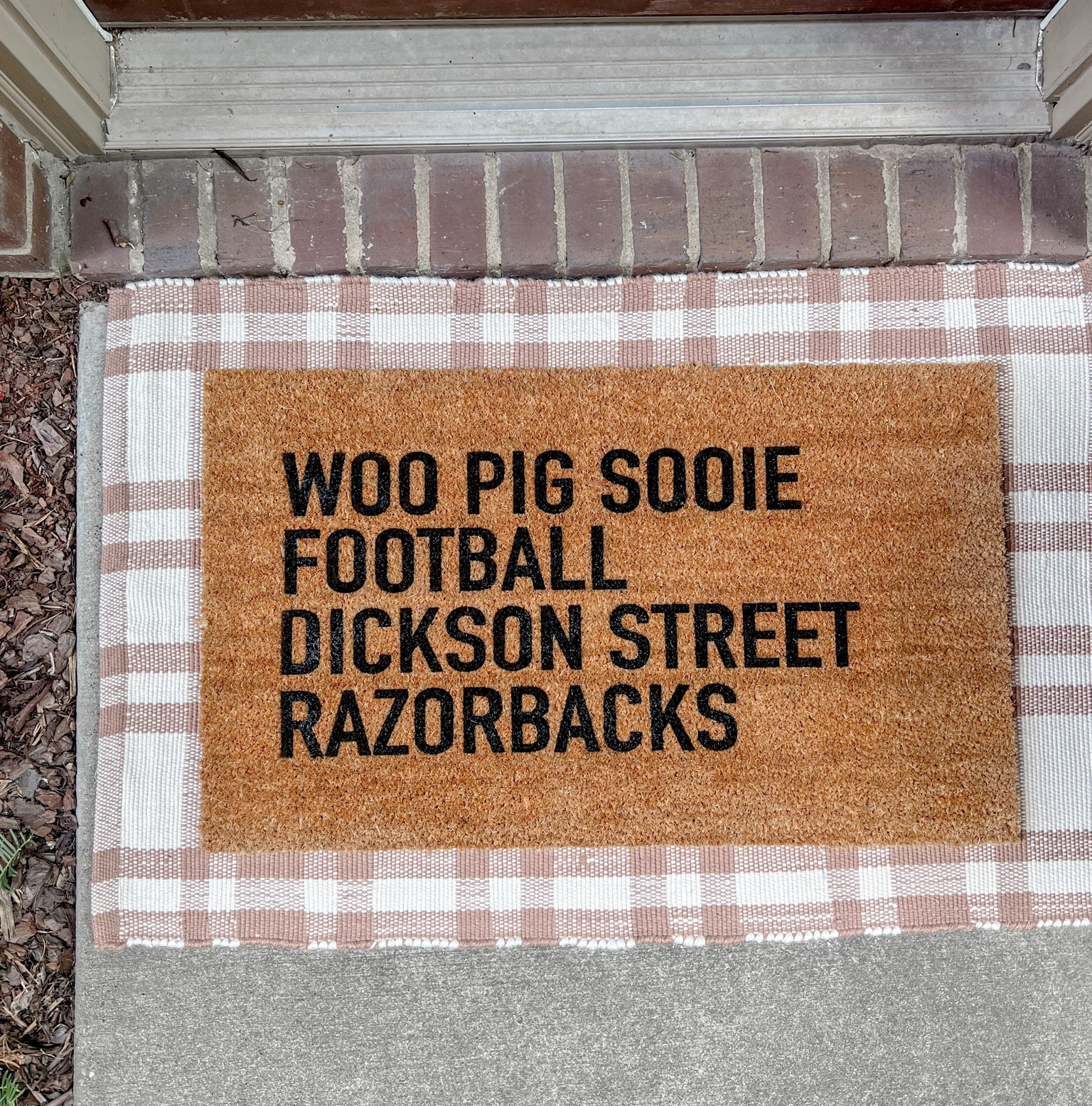 A fun twist on an Arkansas razorbacks 4 things doormat  

Hogs doormat 
Razorback doormat 
Go hogs doormat 
Sec football doormat 
4 things doormat 

#LTKSeasonal #LTKhome #LTKunder50