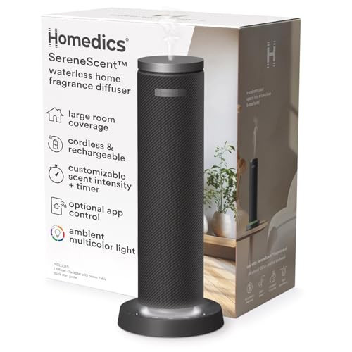 Homedics SereneScent Waterless Essential Oil Diffuser, Cordless Rechargeable Aromatherapy Diffuser for Home, Large Room Scent Machine, Timer, App Control, 6 LED Lights, No Water Needed, Black | Amazon (US)