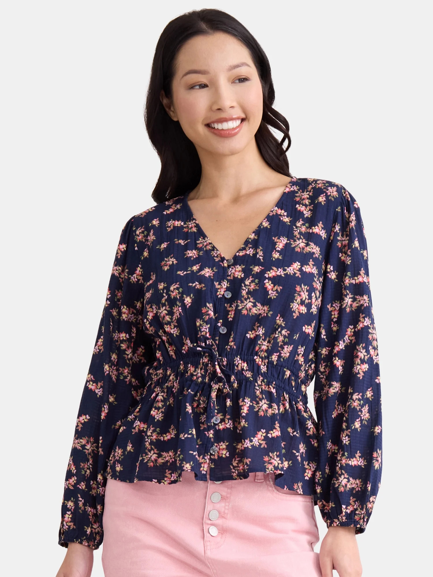Time and Tru Women's Floral Print Tie Waist Blouse, Sizes S-XXXL | Walmart (US)
