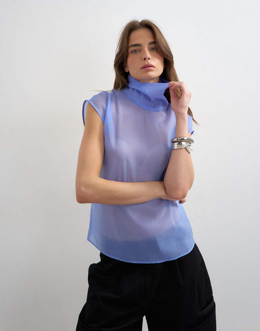 Topshop high neck grown on shoulder sheer organza top in cornflour blue-Orange | ASOS (Global)