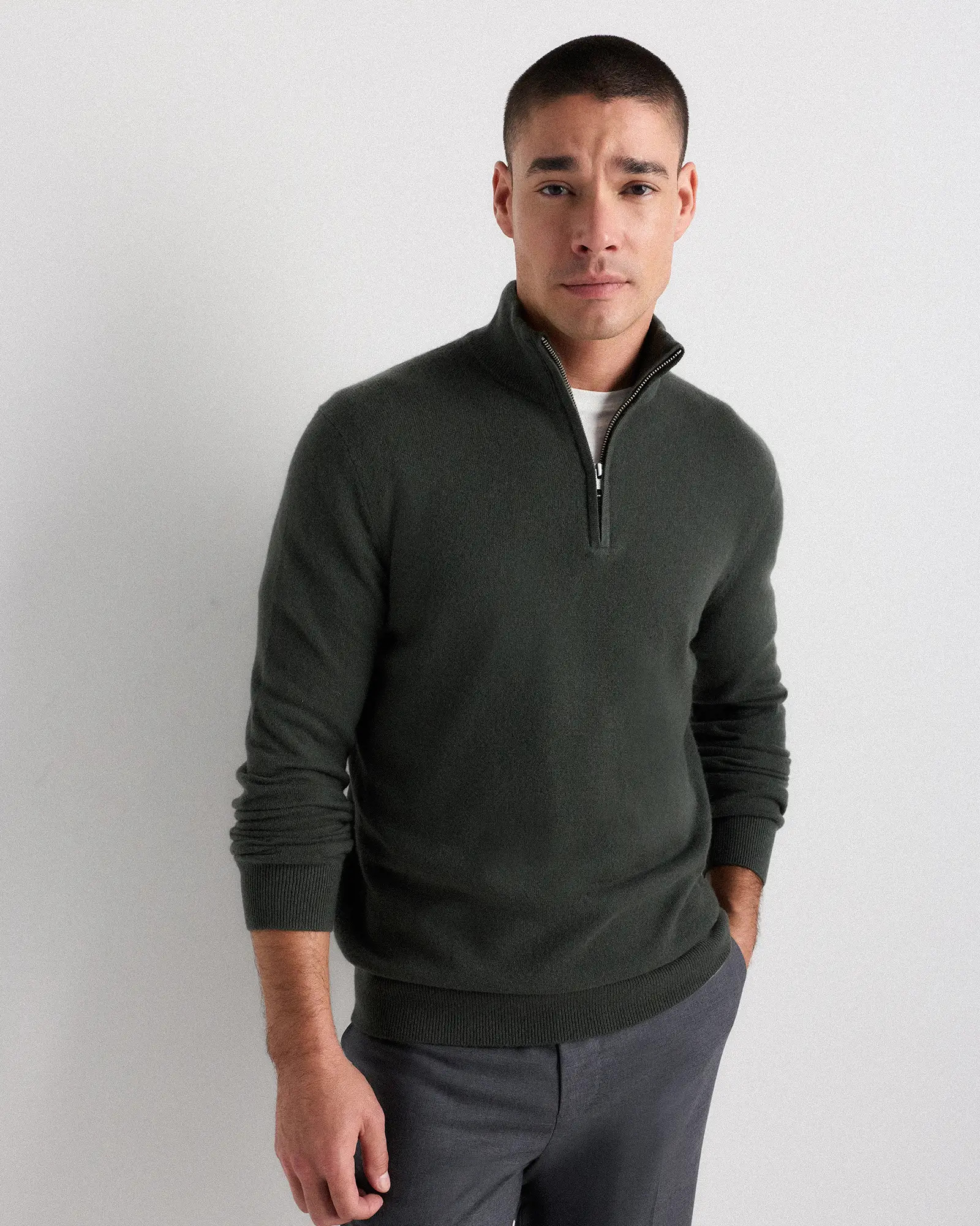 Mongolian Cashmere Quarter Zip Sweater in Moss | Quince