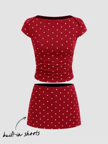 Cotton-blend Boat Neck Polka Dot Ruched Tee & Mini Skort | Cider