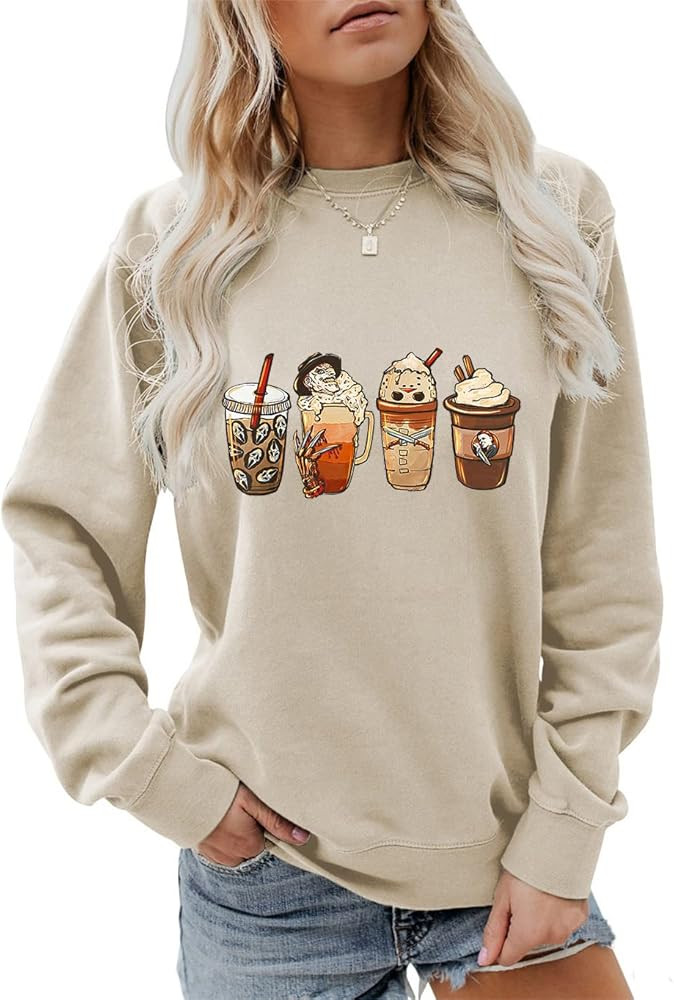 Womens Crewneck Horror Movies Latte Fall Coffee Sweatshirt Halloween Sweaters | Amazon (US)
