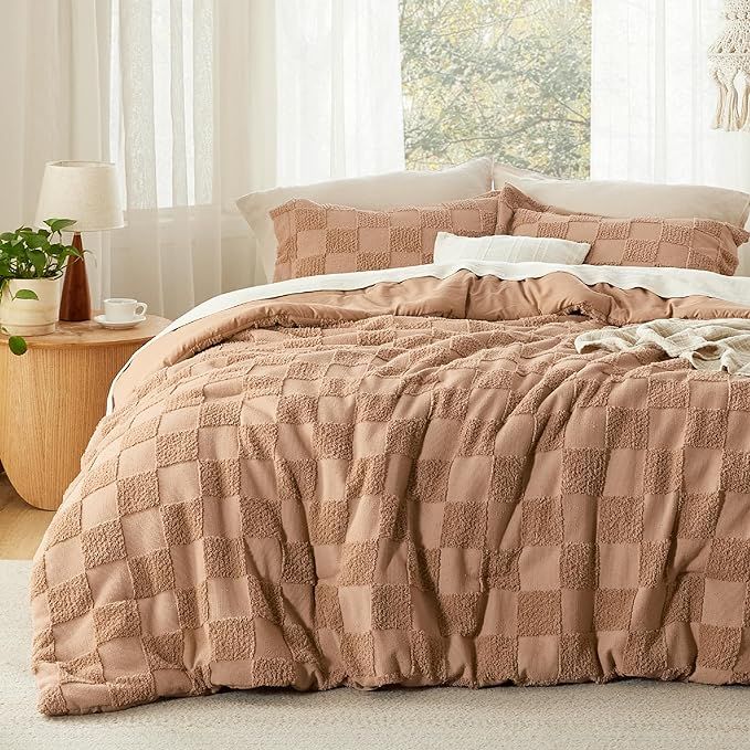 Bedsure Queen Size Comforter Set Taupe, Boho Tufted Bedding Comforter Set, Checkered Farmhouse Sh... | Amazon (US)